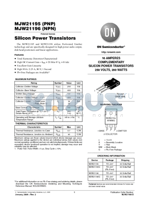 MJW21195G datasheet - 16 AMPERES COMPLEMENTARY SILICON POWER TRANSISTORS 250 VOLTS, 200 WATTS