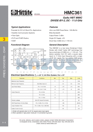 HMC361 datasheet - GaAs HBT MMIC DIVIDE-BY-2, DC - 11.0 GHz