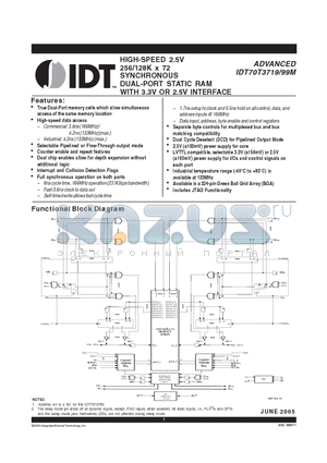 IDT70T3719M datasheet - HIGH-SPEED 2.5V 256/128K x 72 SYNCHRONOUS DUAL-PORT STATIC RAM WITH 3.3V OR 2.5V INTERFACE