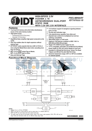 IDT70T631S datasheet - HIGH-SPEED 2.5V 512/256K x 18 ASYNCHRONOUS DUAL-PORT STATIC RAM WITH 3.3V 0R 2.5V INTERFACE