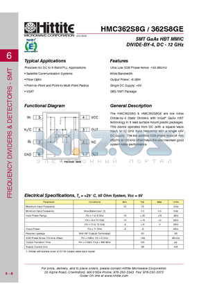 HMC362S8G_08 datasheet - SMT GaAs HBT MMIC DIVIDE-BY-4, DC - 12 GHz