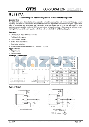 GL1117A datasheet - 1A Low Dropout Positive Adjustable or Fixed-Mode Regulator