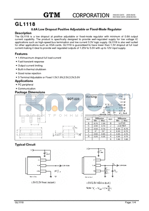 GL1118 datasheet - 0.8A Low Dropout Positive Adjustable or Fixed-Mode Regulator