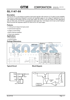 GL1147 datasheet - a low dropout at positive fixed-mode regulator with minimum of 1A output current capability.