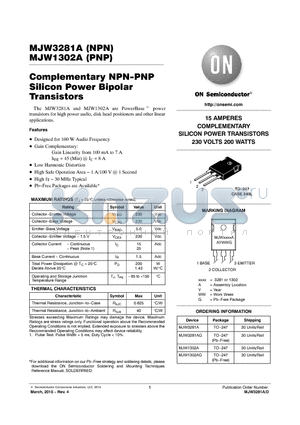 MJW3281AG datasheet - Complementary NPN-PNP Silicon Power Bipolar Transistors