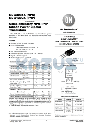 MJW3281A_06 datasheet - 15 AMPERES COMPLEMENTARY SILICON POWER TRANSISTORS 230 VOLTS 200 WATTS