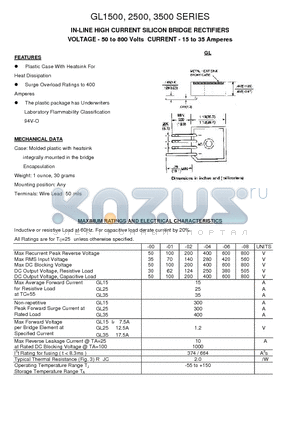 GL15-00 datasheet - IN-LINE HIGH CURRENT SILICON BRIDGE RECTIFIERS(VOLTAGE - 50 to 800 Volts CURRENT - 15 to 35 Amperes)