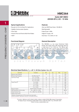 HMC364 datasheet - GaAs HBT MMIC DIVIDE-BY-2, DC - 13 GHz