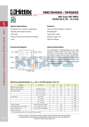 HMC364S8G datasheet - SMT GaAs HBT MMIC DIVIDE-BY-2, DC - 12.5 GHz