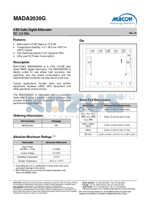 MADA2030G datasheet - 5-Bit GaAs Digital Attenuator DC- 2.0 GHz