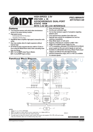 IDT70T651 datasheet - HIGH-SPEED 2.5V 256/128K x 36 ASYNCHRONOUS DUAL-PORT STATIC RAM WITH 3.3V 0R 2.5V INTERFACE