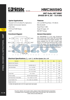 HMC365S8G datasheet - SMT GaAs HBT MMIC DIVIDE-BY-4, DC - 13.0 GHz