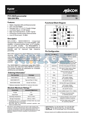 MADCSM0012TR datasheet - PCS LNA / Downconverter 1800-2000 MHz