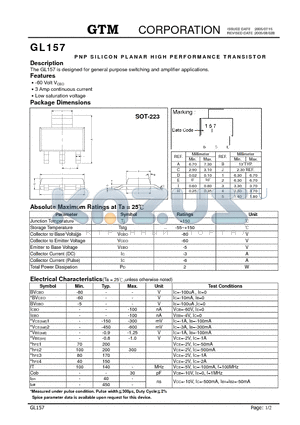 GL157 datasheet - PNP SILICON PLANAR HIGH PERFORMANCE TRANSISTOR