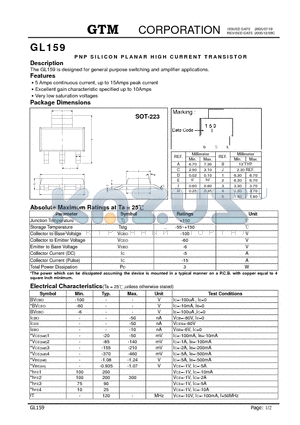 GL159 datasheet - PNP SILICON PLANAR HIGH CURRENT TRANSISTOR