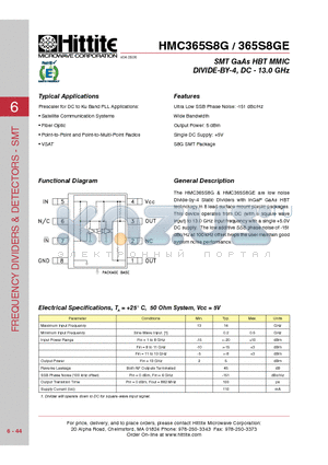 HMC365S8G datasheet - SMT GaAs HBT MMIC DIVIDE-BY-4, DC - 13.0 GHz