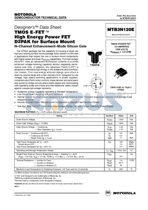 MTB3N120E datasheet - TMOS POWER FET 3.0 AMPERES 1200 VOLTS