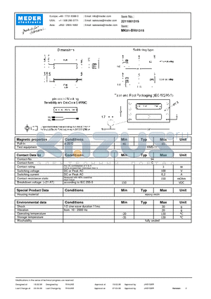 MK01-BV01315 datasheet - MK Reed Sensors
