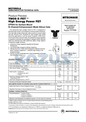 MTB3N60E datasheet - TMOS POWER FET 3.0 AMPERES 600 VOLTS