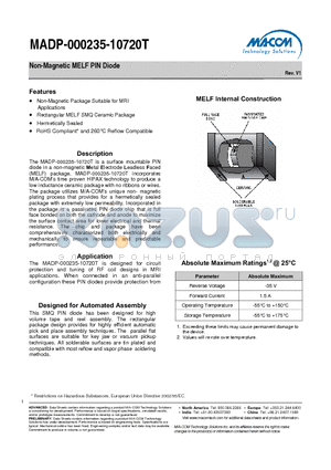 MADP-000235-10720T datasheet - Non-Magnetic MELF PIN Diode