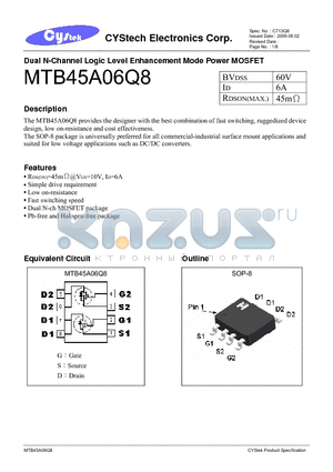 MTB45A06Q8 datasheet - Dual N-Channel Logic Level Enhancement Mode Power MOSFET