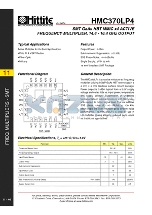 HMC370LP4 datasheet - SMT GaAs HBT MMIC x4 ACTIVE FREQUENCY MULTIPLIER, 14.4 - 16.4 GHz OUTPUT