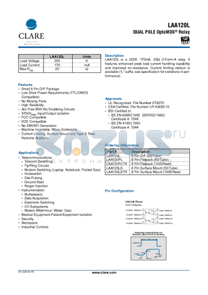 LAA120PLTR datasheet - DUAL POLE OptoMOS Relay