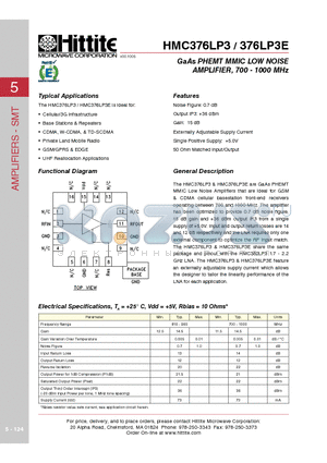 HMC376LP3 datasheet - GaAs PHEMT MMIC LOW NOISE AMPLIFIER, 700 - 1000 MHz