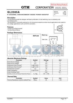 GL2305A datasheet - P-CHANNEL ENHANCEMENT MODE POWER MOSFET