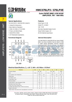 HMC376LP3_10 datasheet - GaAs PHEMT MMIC LOW NOISE AMPLIFIER, 700 - 1000 MHz
