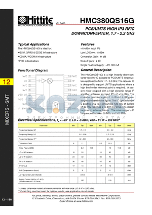 HMC380QS16G datasheet - PCS/UMTS HIGH IP3 RFIC DOWNCONVERTER, 1.7 - 2.2 GHz