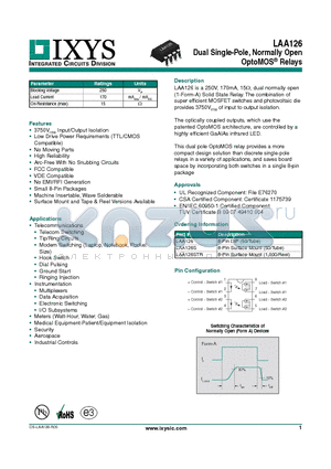 LAA126_12 datasheet - Dual Single-Pole, Normally Open OptoMOS Relays