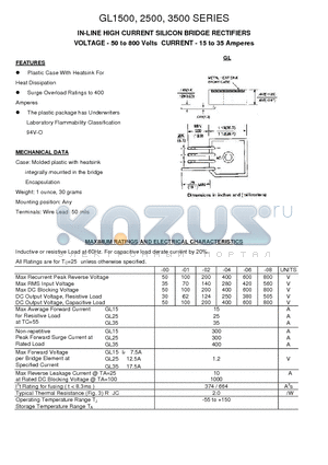 GL2500 datasheet - IN-LINE HIGH CURRENT SILICON BRIDGE RECTIFIERS(VOLTAGE - 50 to 800 Volts CURRENT - 15 to 35 Amperes)