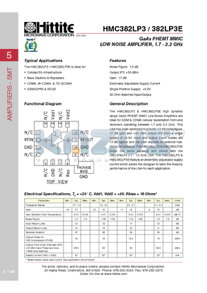 HMC382LP3E datasheet - GaAs PHEMT MMIC LOW NOISE AMPLIFIER, 1.7 - 2.2 GHz