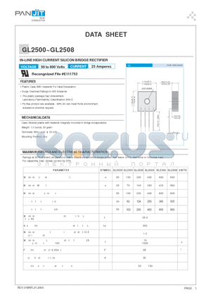 GL2504 datasheet - IN-LINE HIGH CURRENT SILICON BRIDGE RECTIFIER