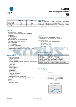 LAA127PL datasheet - DUAL POLE OptoMOS Relay