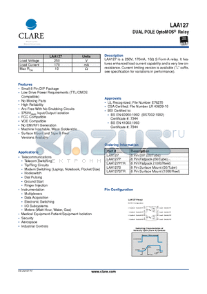 LAA127STR datasheet - DUAL POLE OptoMOS Relay