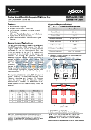 MADP-064908-131000 datasheet - Surface Mount Monolithic Integrated PIN Diode Chip