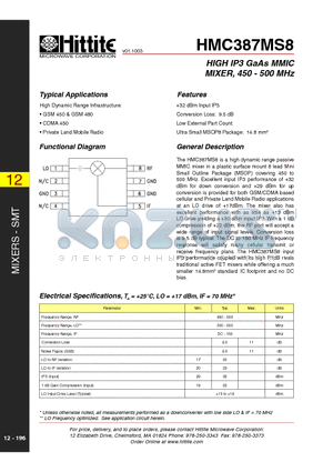 HMC387MS8 datasheet - HIGH IP3 GaAs MMIC MIXER, 450 - 500 MHz