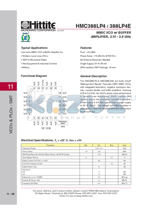 HMC388LP4 datasheet - MMIC VCO w/ BUFFER AMPLIFIER, 3.15 - 3.4 GHz