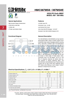 HMC387MS8 datasheet - HIGH IP3 GaAs MMIC MIXER, 450 - 500 MHz