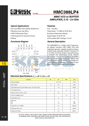 HMC388LP4 datasheet - MMIC VCO w/ BUFFER AMPLIFIER, 3.15 - 3.4 GHz