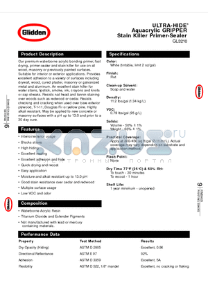 GL3210 datasheet - ULTRA-HIDE Aquacrylic GRIPPER Stain Killer Primer-Sealer