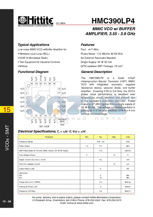 HMC390LP4 datasheet - MMIC VCO w/ BUFFER AMPLIFIER, 3.55 - 3.9 GHz