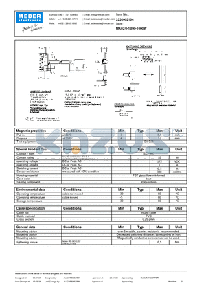 MK02-0-1B90-1000W datasheet - MK Reed Sensors