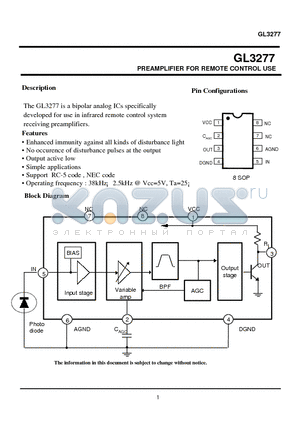 GL3277 datasheet - PREAMPLIFIER FOR REMOTE CONTROL USE