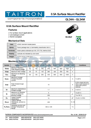 GL34A datasheet - 0.5A Surface Mount Rectifier