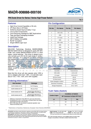 MADR-008888-0001TB datasheet - PIN Diode Driver for Series / Series High Power Switch