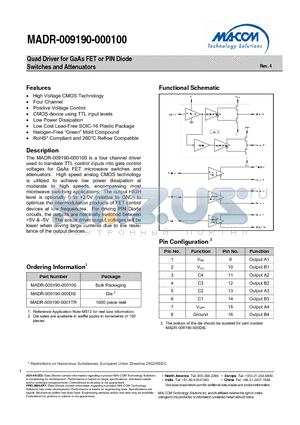 MADR-009190-000100_V4 datasheet - Quad Driver for GaAs FET or PIN Diode