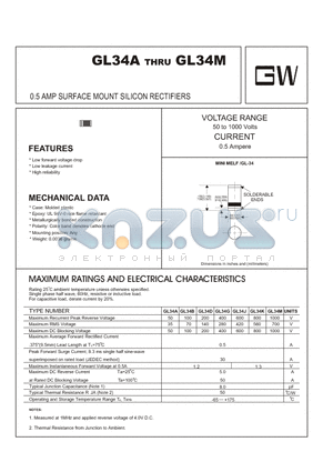 GL34A datasheet - 0.5 AMP SURFACE MOUNT SILICON RECTIFIERS